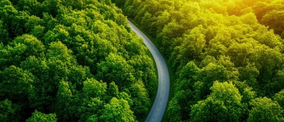 A winding road through lush green forests, showcasing nature's tranquility and beauty in a serene landscape.