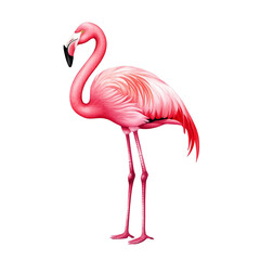 Obraz premium A stunning flamingo standing gracefully on one leg, showcasing its vibrant pink feathers and elegant silhouette against a white isolated background.