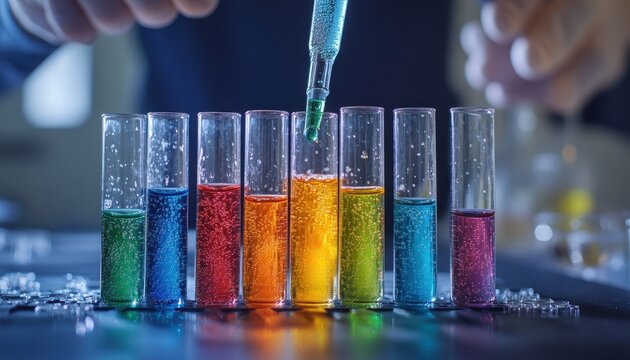 Vibrant test tubes filled with colorful liquids and bubbles, showcasing a science experiment in a laboratory setting.