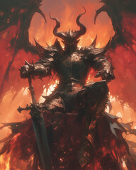 red demon overlord presides over a hellish landscape with fiery wings