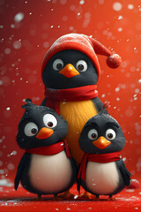 Fototapeta premium Three penguins in festive attire with snowy background