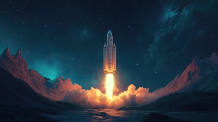 Obraz premium A powerful rocket launch, symbolizing innovation, ambition, and breakthrough technology in a sleek, futuristic design
