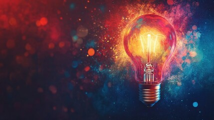 A radiant lightbulb shining brightly, representing creative breakthroughs and innovation, with a colorful, modern background