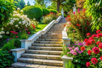 Elegant White Stone Steps Leading to a Serene Garden Surrounded by Lush Greenery and Flowers