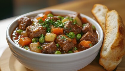 A hearty bowl of beef stew with vegetables, garnished with fresh herbs, served with crusty bread on the side.