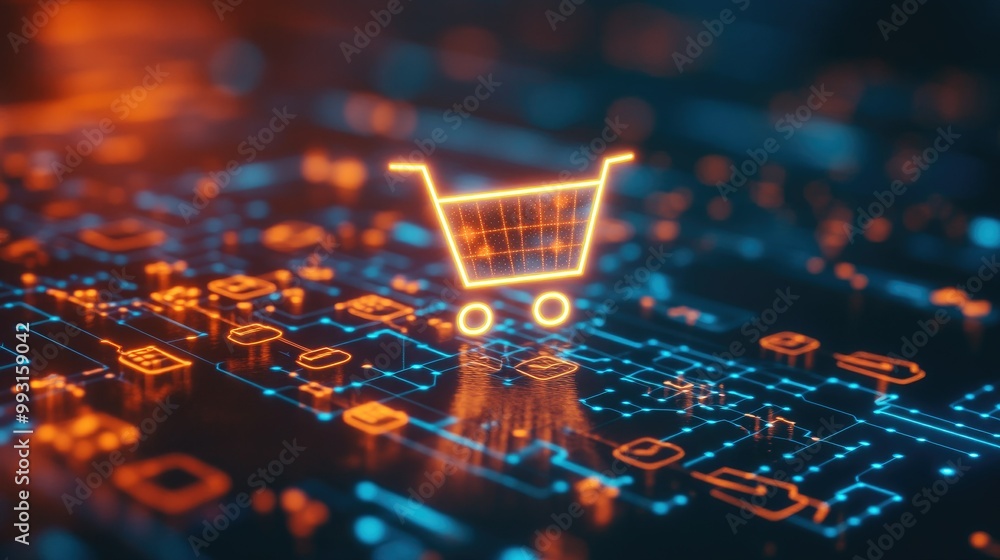 Poster a shopping cart symbol displayed on a smart touchscreen with abstract neural networks in the backgro