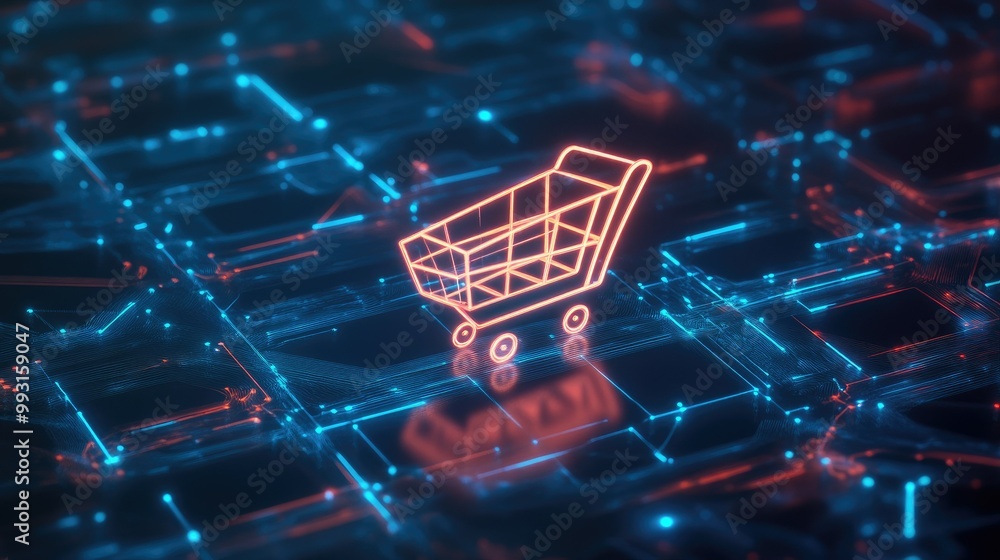 Poster a shopping cart symbol displayed on a smart touchscreen with abstract neural networks in the backgro