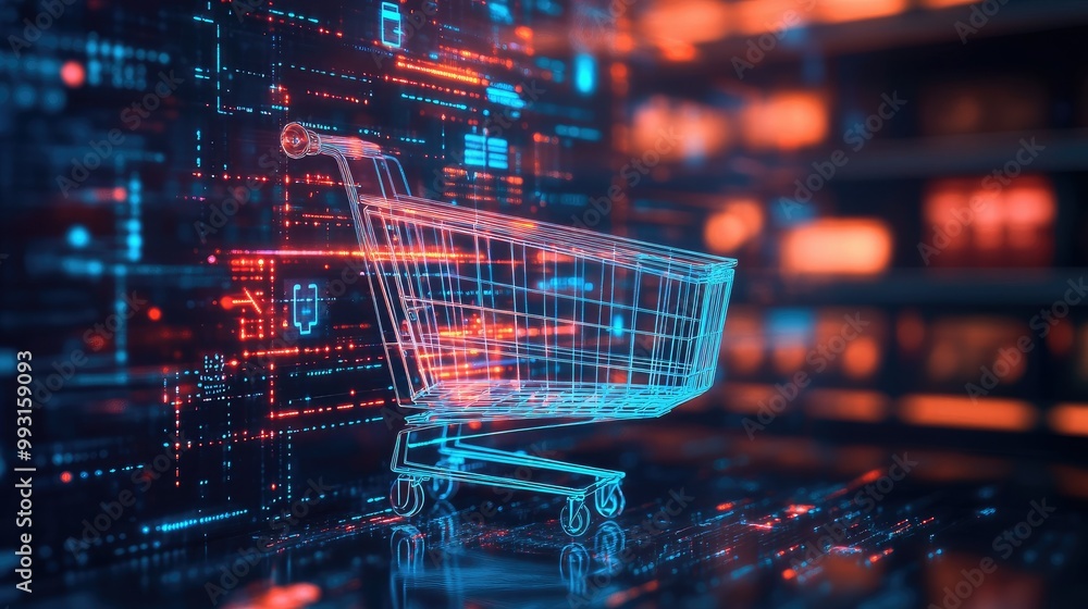 Poster a shopping cart symbol on a digital screen with flowing ai algorithms in a high-tech background, sym