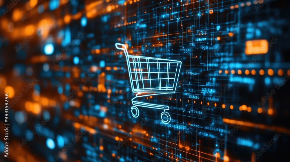 Poster a shopping cart symbol on a digital screen with flowing ai algorithms in a high-tech background, sym