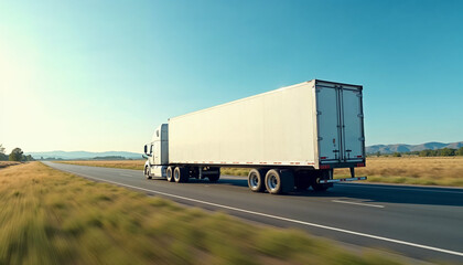 White truck on a wide U.S. highway with blank trailer ready for branding or text.






