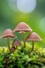 Fototapeta premium Mushrooms growing on lush green moss in a serene forest during daylight