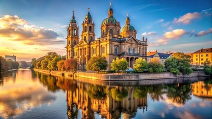 A medium shot stock photo capturing the majestic Grand Riverside Cathedral in the glorious morning light, Christianity, serene, bell tower, holy, sacred, religious building
