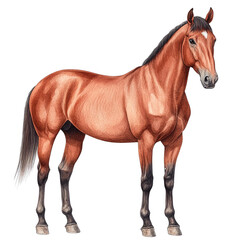 Fototapeta premium A beautiful brown horse standing elegantly, showcasing its muscular build and shiny coat against a white isolated background.