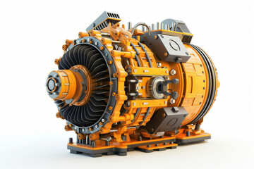 Powerful electric generator is standing on a white background, showcasing its intricate details and robust construction