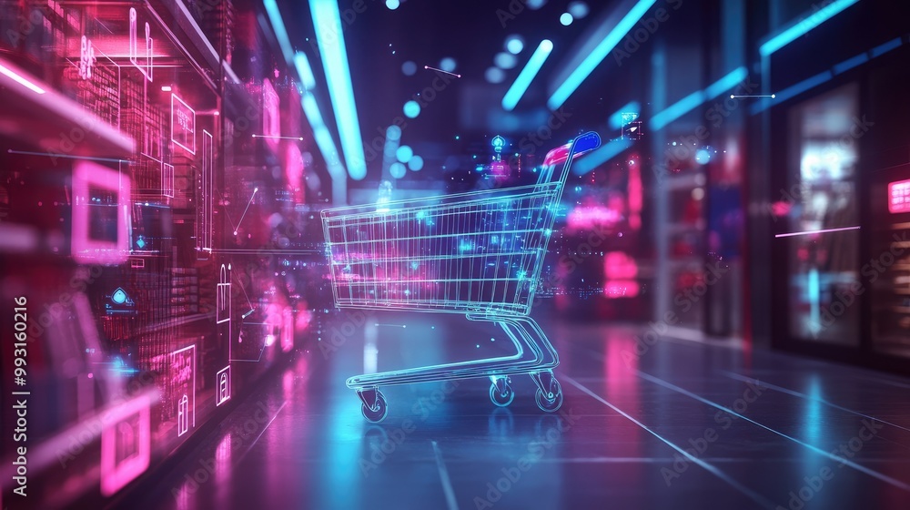 Poster a smart shopping cart gliding through a digital retail environment surrounded by ai-powered recommen