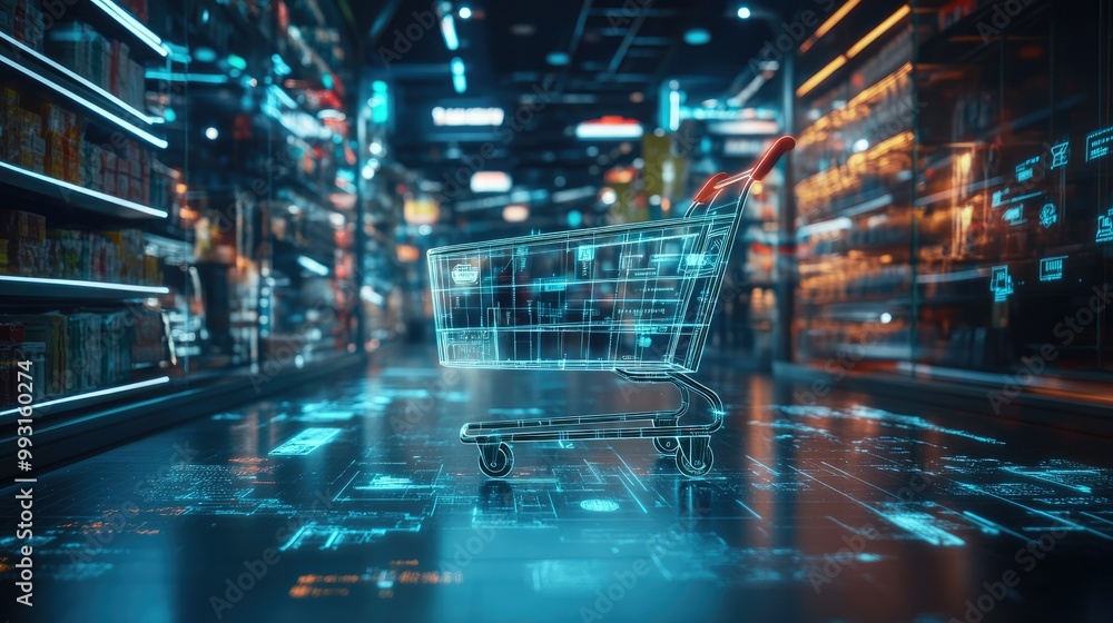 Poster a smart shopping cart gliding through a digital retail environment surrounded by ai-powered recommen