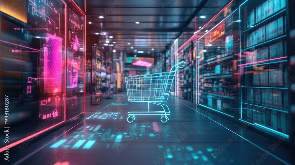 Poster a smart shopping cart gliding through a digital retail environment surrounded by ai-powered recommen
