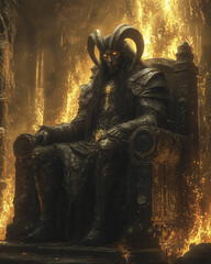 dark demon lord sits regally in his fiery palace surrounded by flames