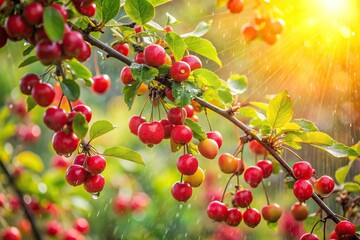 Obraz premium raindrops, green, wet, growth, leaves, seasonal, Summer rain falling softly on a vibrant crab apple tree in spring captured in an extreme close up shot with a beautiful backlight