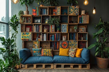  Cozy living room with a pallet sofa, colorful cushions, and bookshelves made from wooden crates, blending rustic charm with modern, comfortable design.