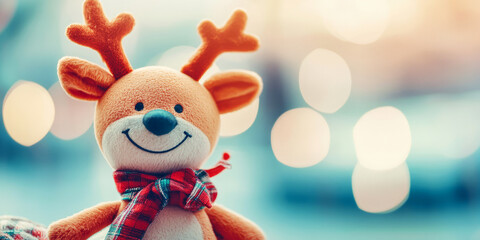 Fototapeta premium A cheerful stuffed reindeer with antlers and a scarf, set against a soft, blurred background, evokes a festive and joyful atmosphere.