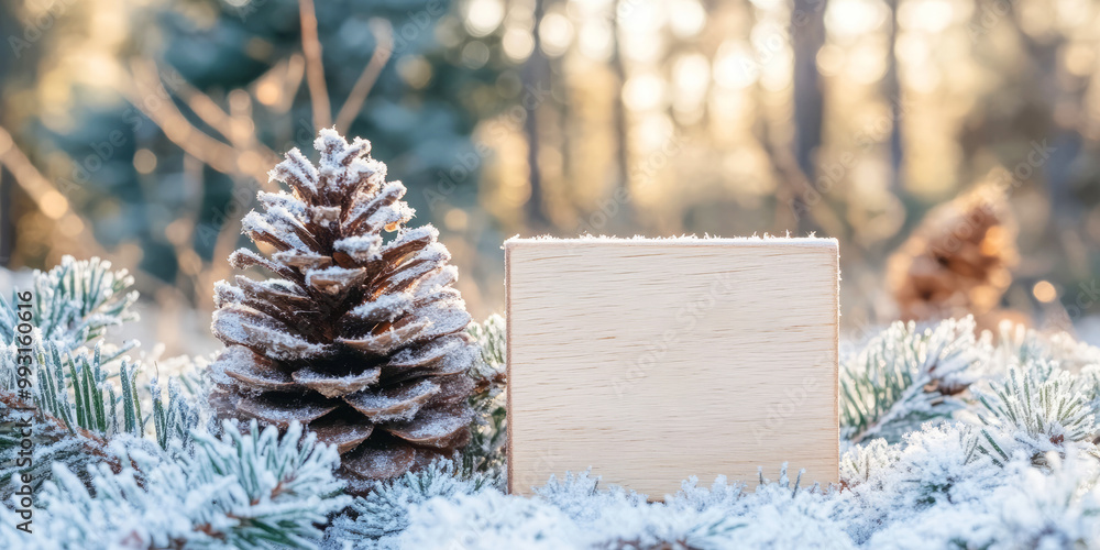 Poster a snowy landscape features a pinecone next to a blank square, surrounded by frosted greenery and sof