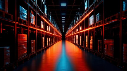 Obraz premium Illuminated warehouse aisle showcasing storage racks and organized goods.