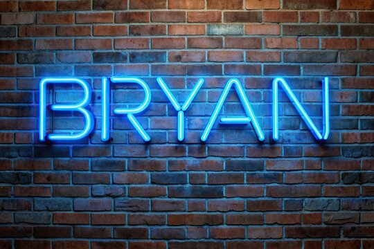 glowing, sign, first name, medium shot, vintage, ambiance, urban art, typography, A medium shot of a brick wall with the blue neon sign of the first name Bryan glowing brightly