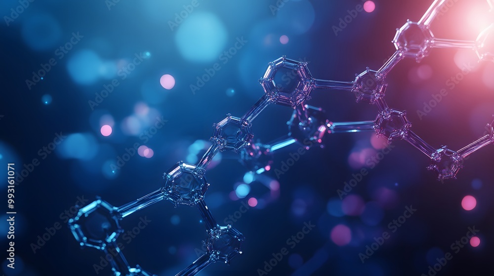 Poster abstract 3d molecular structure with blue and purple bokeh background