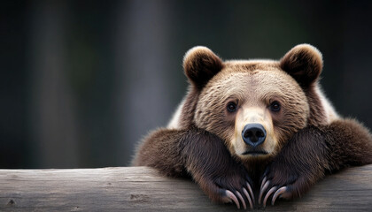 Obraz premium Brown bear resting on a log, serene expression, nature background.