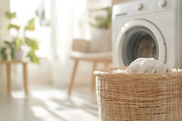 Fresh laundry drying in a sunlit room next to a washing machine and a wicker basket