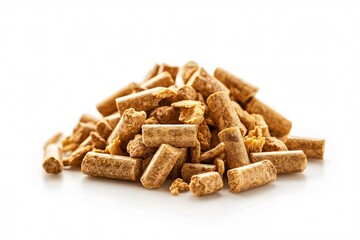 Heap of wood pellets on white background, eco friendly fuel for heating, sustainable energy source. Close up view with copy space, no people