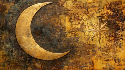 Naklejka premium A stylized crescent moon with a shimmering star, set against a textured background, evoking calm and peaceful energy for meditation.