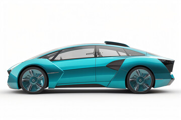 Fototapeta premium Side view of a generic electric sports car with a teal paint job on a white background
