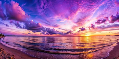 Panorama of a beautiful violet purple sunset seen from a worm s eye view over the shore, evening, coastline, shore, tranquil, worm's eye view, scenic beauty, scenic, horizon, vibrant, dusk