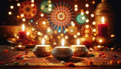 Three lit candles with intricate Indian-style decorations, surrounded by vibrant colors, soft blurred background of festive lights, celebrating Diwali