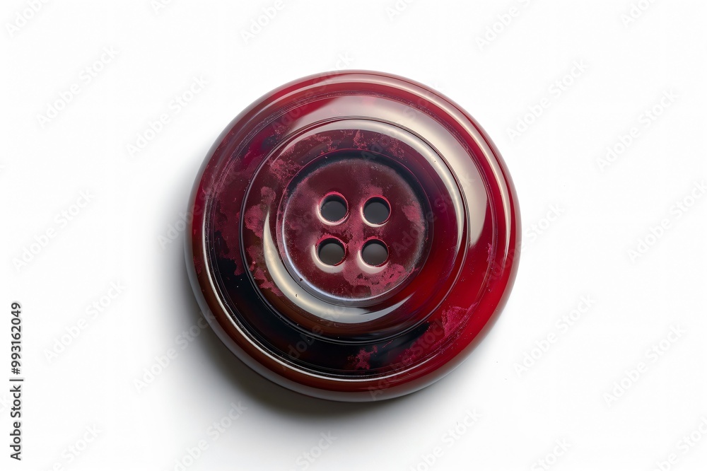Poster macro photograph of a single red and black button laying on a white background