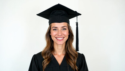 Young woman in graduation attire smiles proudly, celebrating her achievement.






