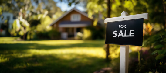 A close-up of a modern For Sale sign in front of a suburban property, featuring a well-maintained yard with green grass and trees. Bright and welcoming atmosphere.