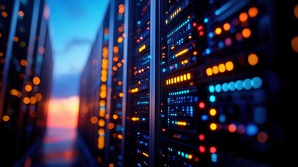 Naklejka premium Vibrant close-up of server rack with glowing lights, representing advanced technology and data storage.