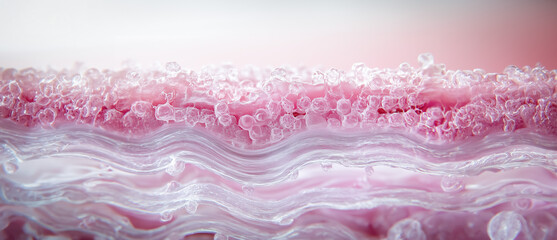 Close-up cross-sectional view of layered human skin cells, displaying the wavy, translucent textures in varying shades of pink and white. Intricate and detailed depiction.