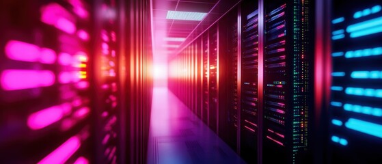 Obraz premium Vibrant data center corridor illuminated with colorful lights, showcasing rows of servers in a modern computing environment.