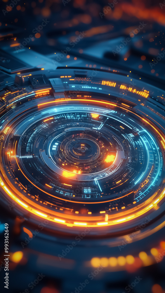 Poster a close-up view of a high-tech hud interface with bright orange and blue elements in a circular arra