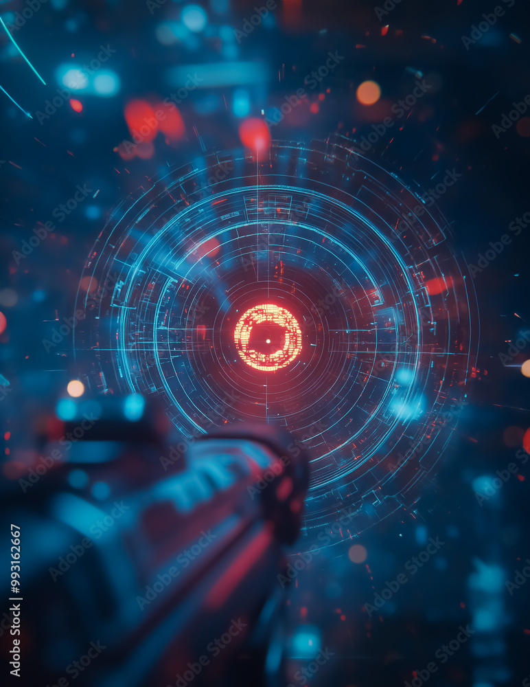 Poster a sci-fi display with technical circular hud elements and glowing yellow and blue accents, perfect f
