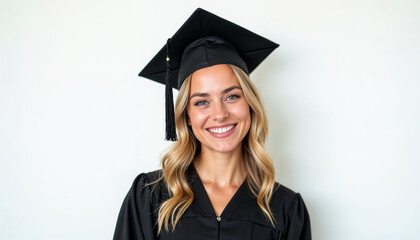 Young woman in graduation attire smiles proudly, celebrating her achievement.






