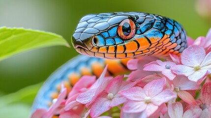 Fototapeta premium Blue and orange snake on pink flower with green and white snake on the same