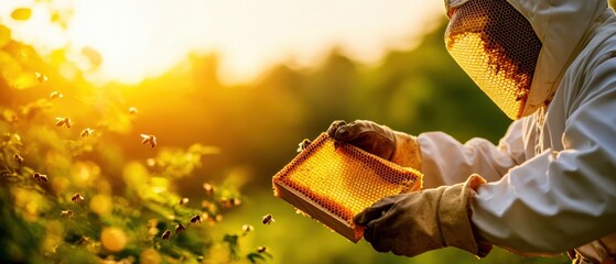 A beekeeper inspecting a honeycomb frame, surrounded by bees, with a golden sunset in the background.