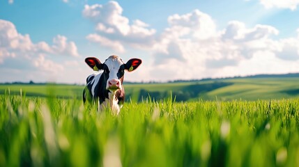 A black and white cow grazing in a lush green field under a bright blue sky with fluffy clouds.
