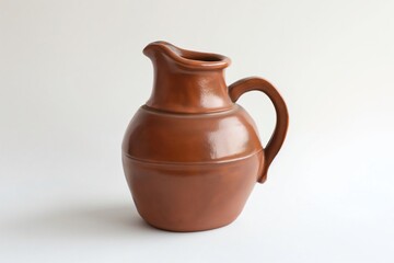 Classic brown ceramic pitcher is standing on a white backdrop, showcasing its simple elegance and rustic charm