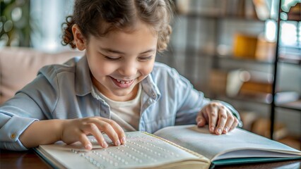 A close-up of a joyful student exploring a Braille book, showcasing inclusion in learning.
